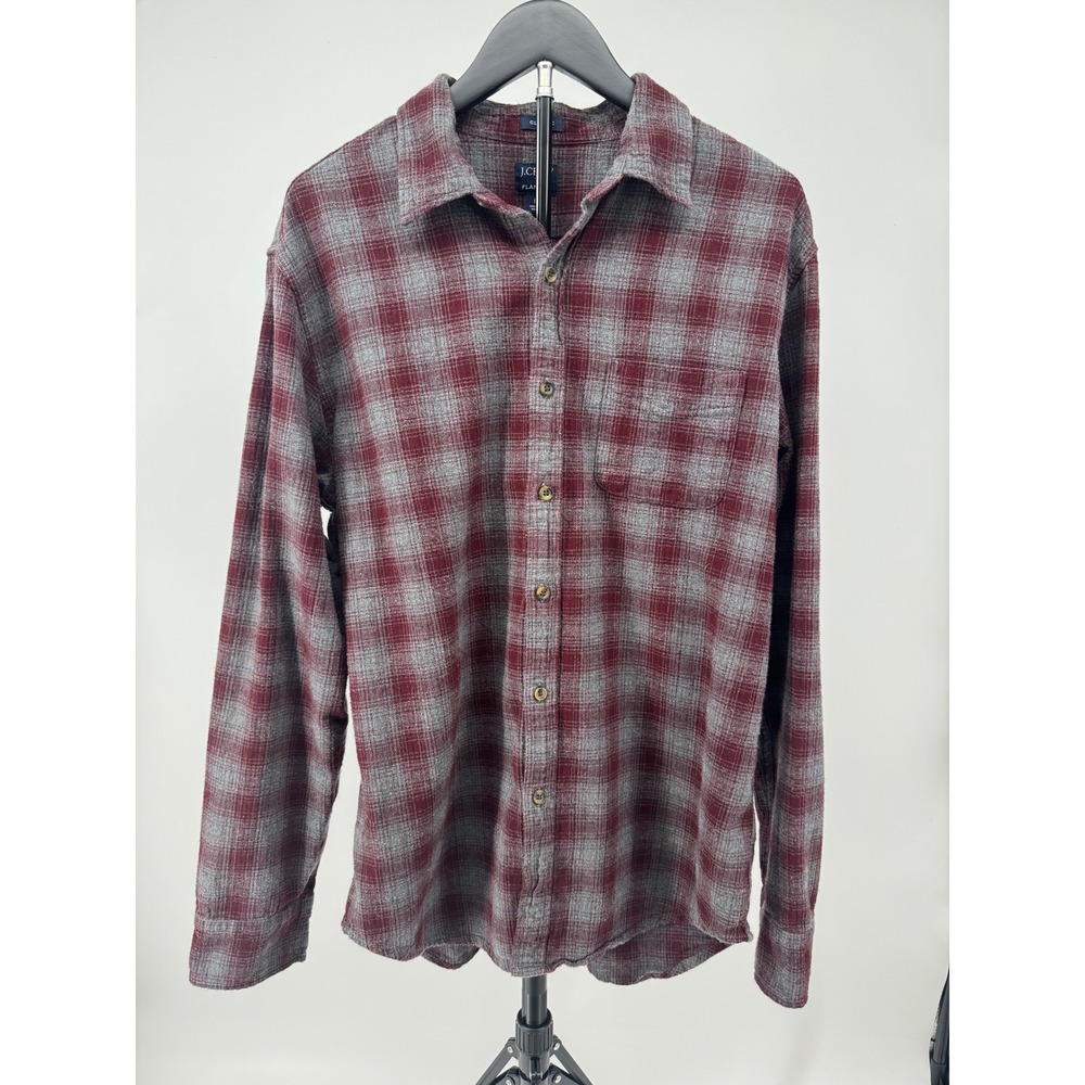 J.Crew Classic Flannel Shirt Mens Large Burgundy Grey Plaid Cotton BU178 HO23